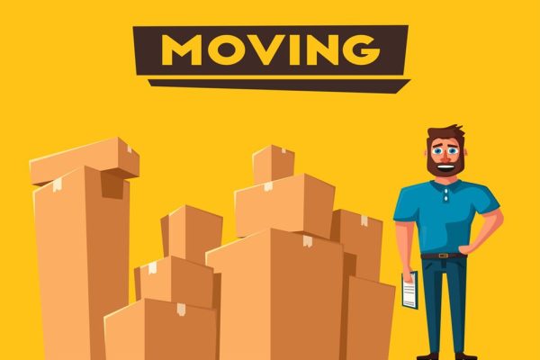 Moving with boxes. Transport company. Cartoon vector illustration