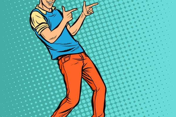 young man points fingers