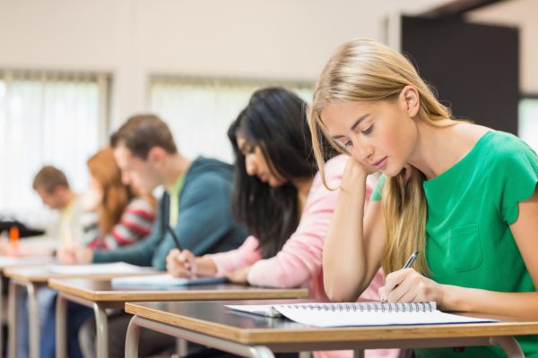 Side view of a group of young students writing notes in the classroom