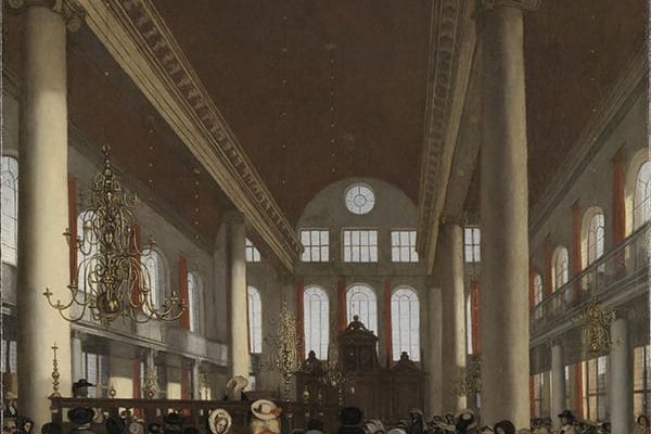 Annotatie: Interieur van de Portugese synagoge in Amsterdam. ca. 1680. Doek. 100 x 99 cm.
Amsterdam Joods Historisch Museum,  (in bruikleen Rijksmuseum Amsterdam)