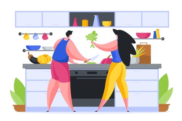 Cooking dinner together at home flat vector illustration. Male and female characters slicing salads and making snacks.