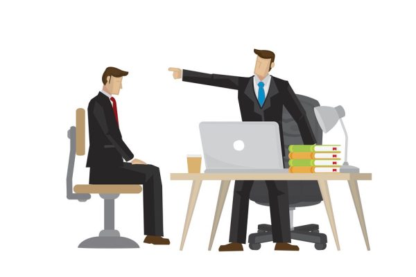 Businessman get scolding from his boss. Concept of corporate pol