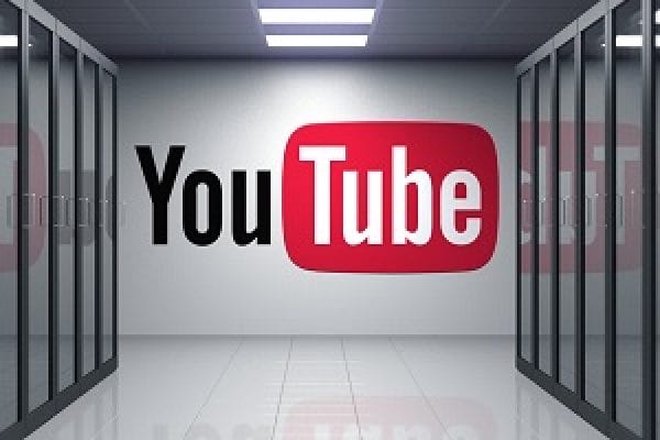 YouTube logo on the wall of the server room. Editorial 3D